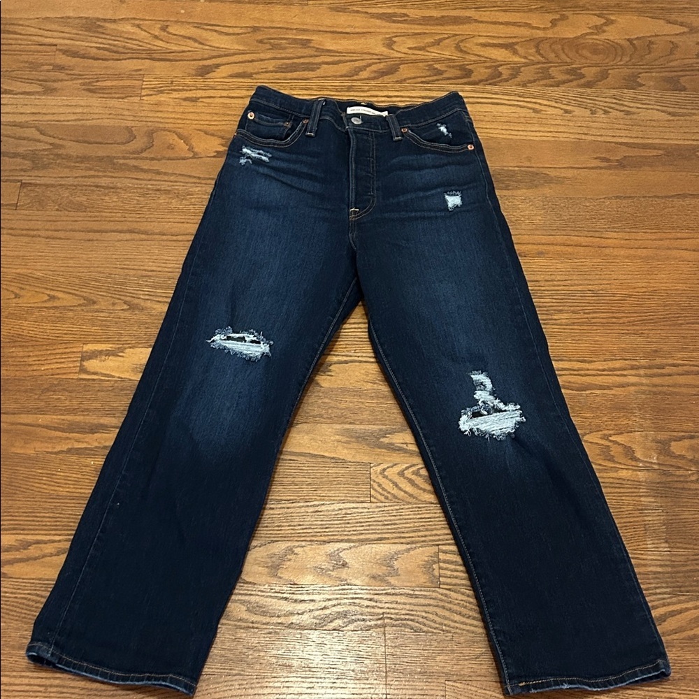 Levi's Rib Cage Jeans Women’s 26 Dark Blue Straight Leg Manufactured Distressing